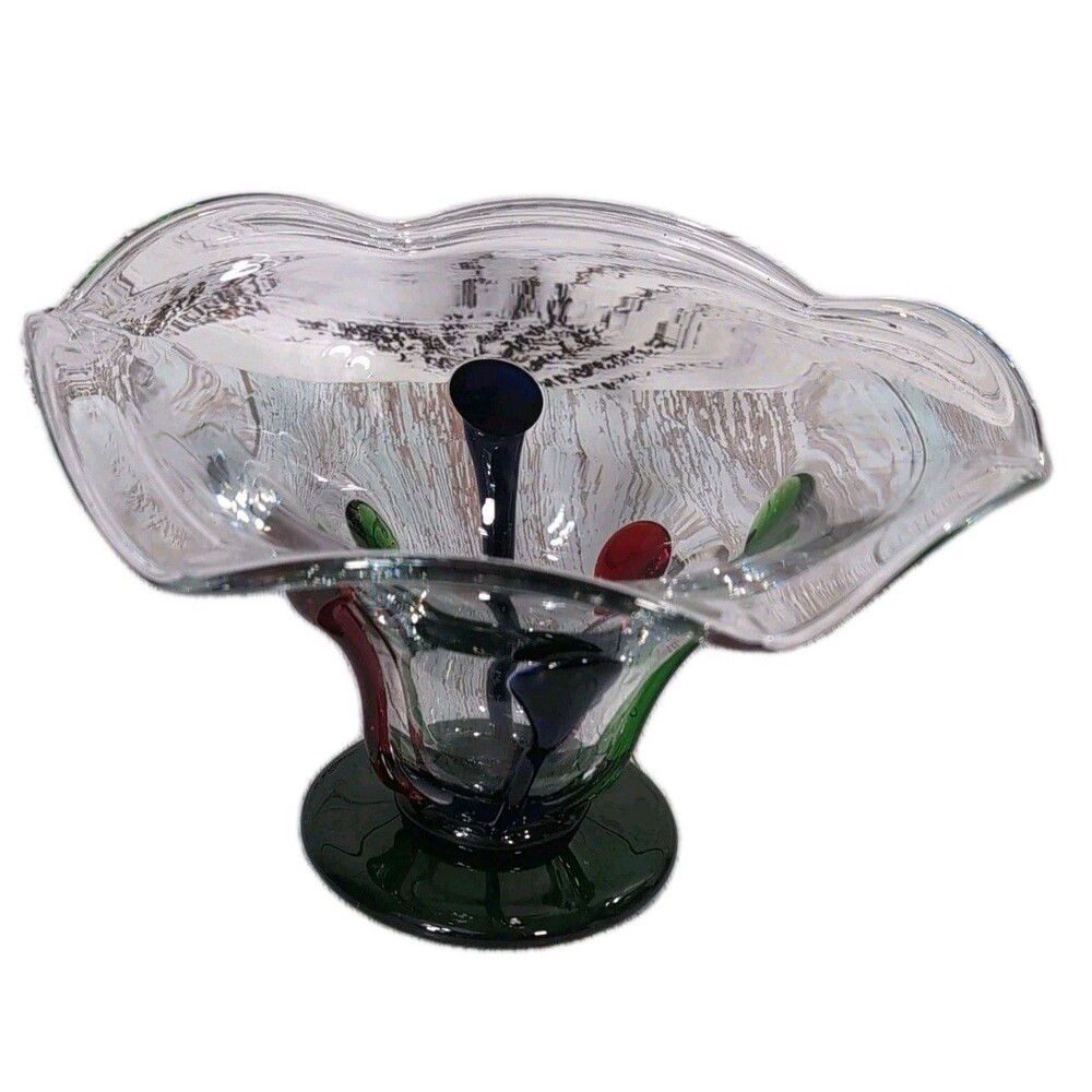 VTG Hand Blown Art Glass Clear W/Green Blue Red Compote Bowl Pedestal Wavy VGC